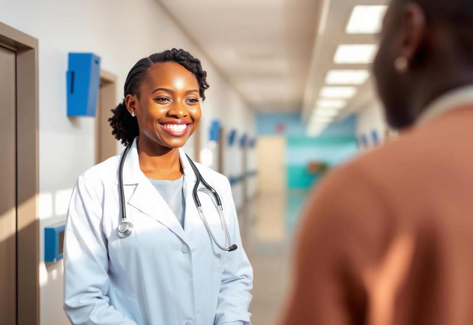 Doctor at Airport View Hospital welcoming a patient in a bright hospital corridor