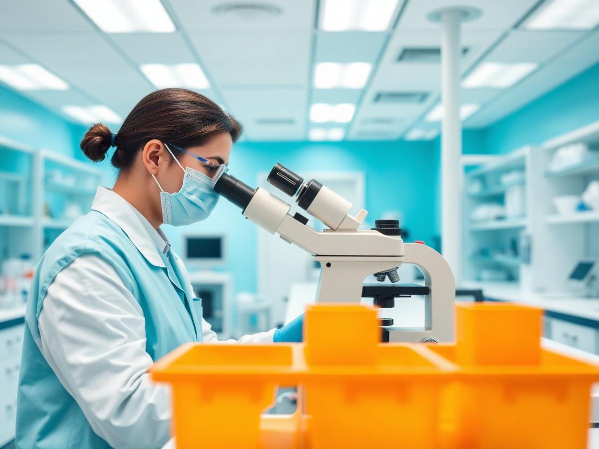 Laboratory technologist analysing samples with a microscope
